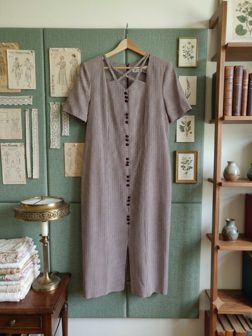 Kathie Lee Brown Check Short-Sleeve Button Midi Dress